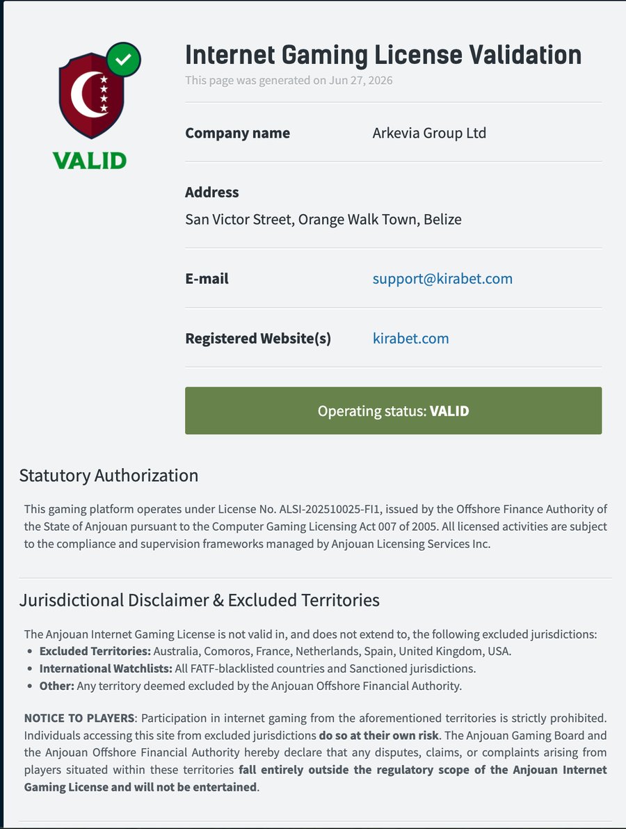 Kira Bet Anjouan gaming licence validation