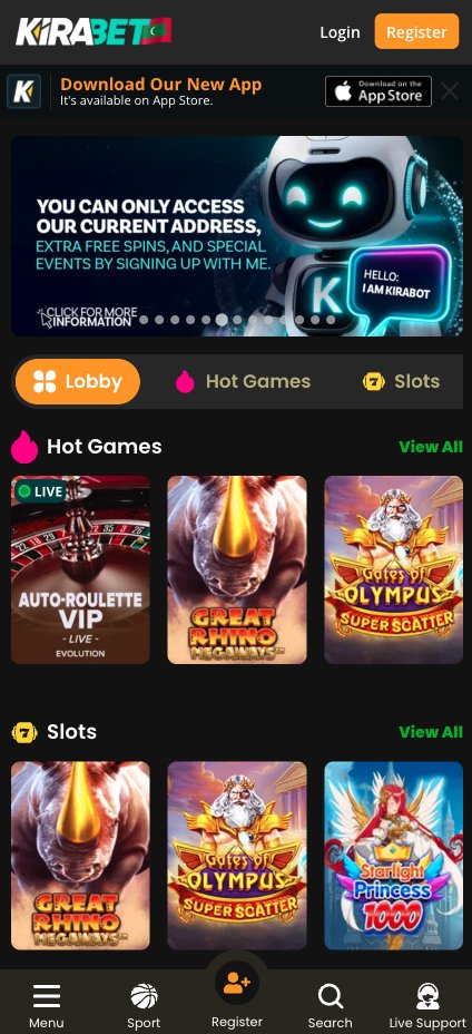 Kira Bet mobile lobby