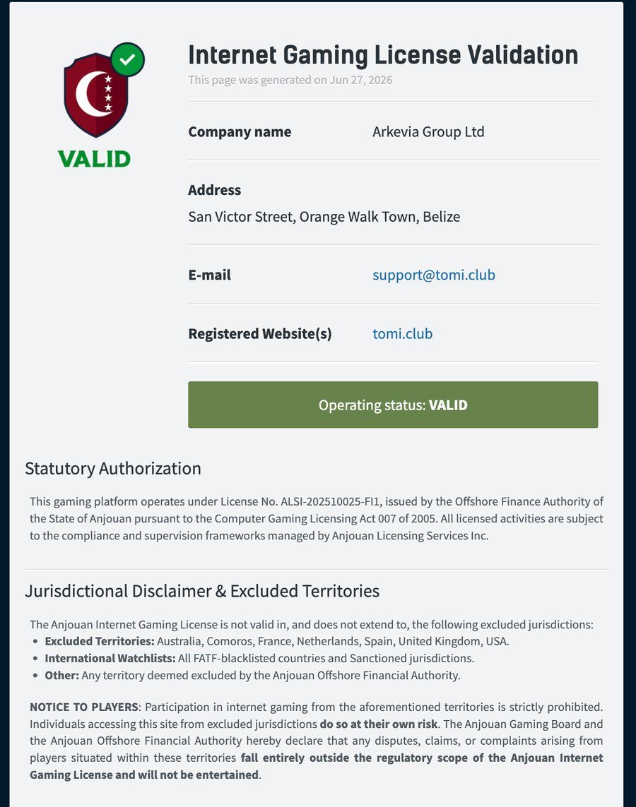 Tomi Club Anjouan gaming licence validation Tomi Club Anjouan gaming licence validation